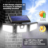 3 Head Solar Motion Sensor Light Outdoor Garden Wall Security 74LEDs Remote