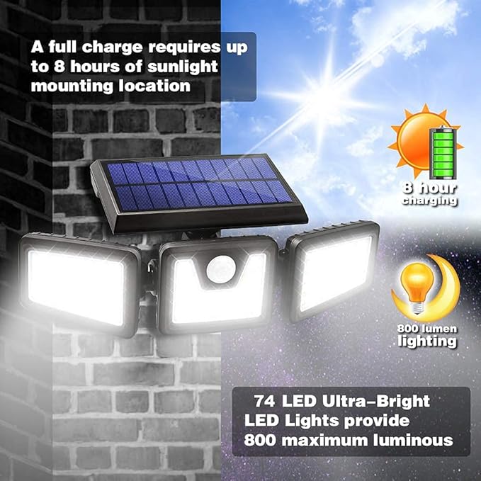3 Head Solar Motion Sensor Light Outdoor Garden Wall Security 74LEDs Remote